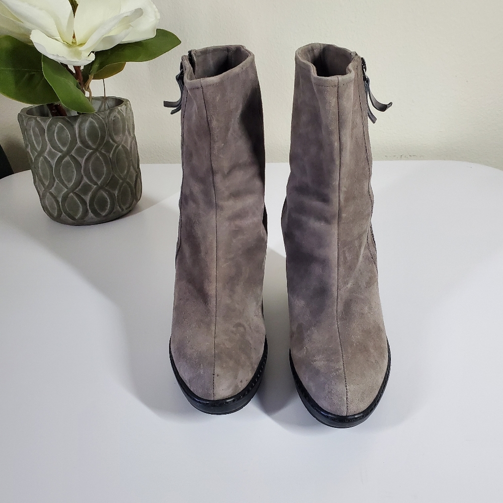 Jessica Simpson wedge platform mid calf zip up boots in gray suede, size…